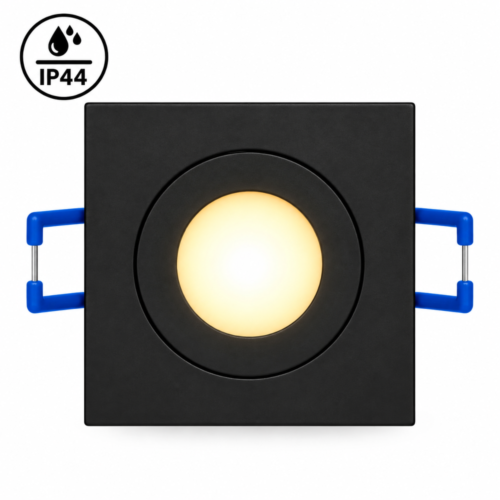 Mini LED Einbaustrahler eckig Schwarz 230V IP44 – 3W LED Modul – Milchglas Linse – Dimmbar – Einbaumaß Ø43 mm