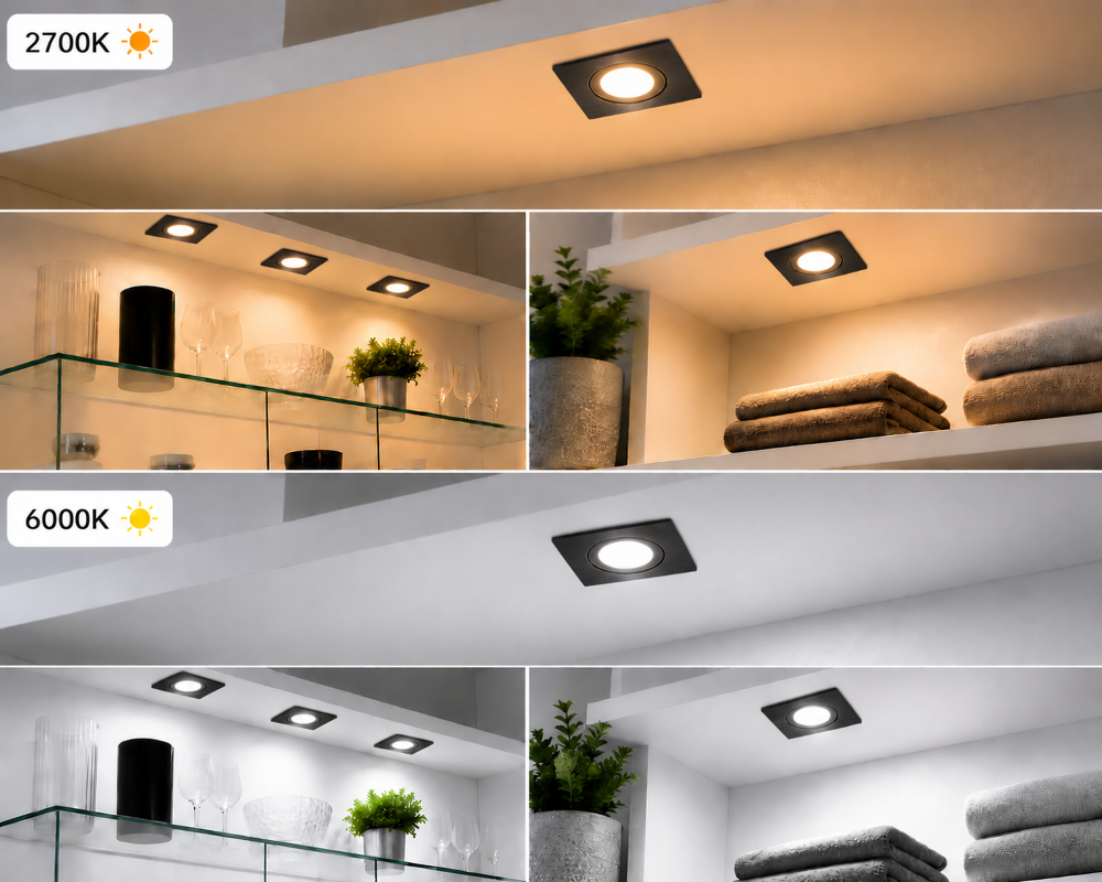 Mini LED Einbaustrahler eckig Schwarz 230V IP44 – 3W LED Modul – Milchglas Linse – Dimmbar – Einbaumaß Ø43 mm