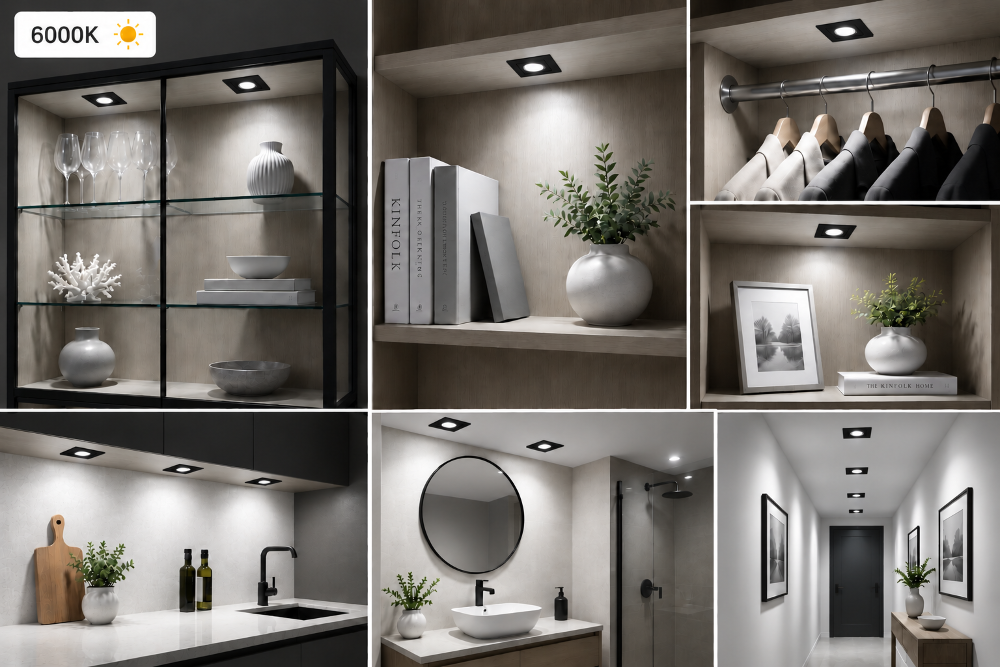 Mini LED Einbaustrahler eckig Schwarz 230V IP44 – 3W LED Modul – Milchglas Linse – Dimmbar – Einbaumaß Ø43 mm