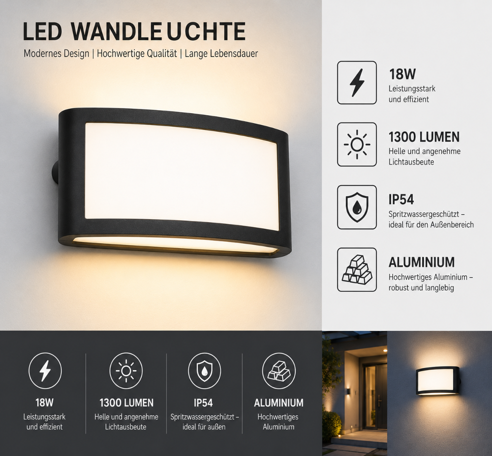 LED Wandleuchte Liora 18W 1300 Lumen IP54 Aluminium Außenleuchte Schwarz
