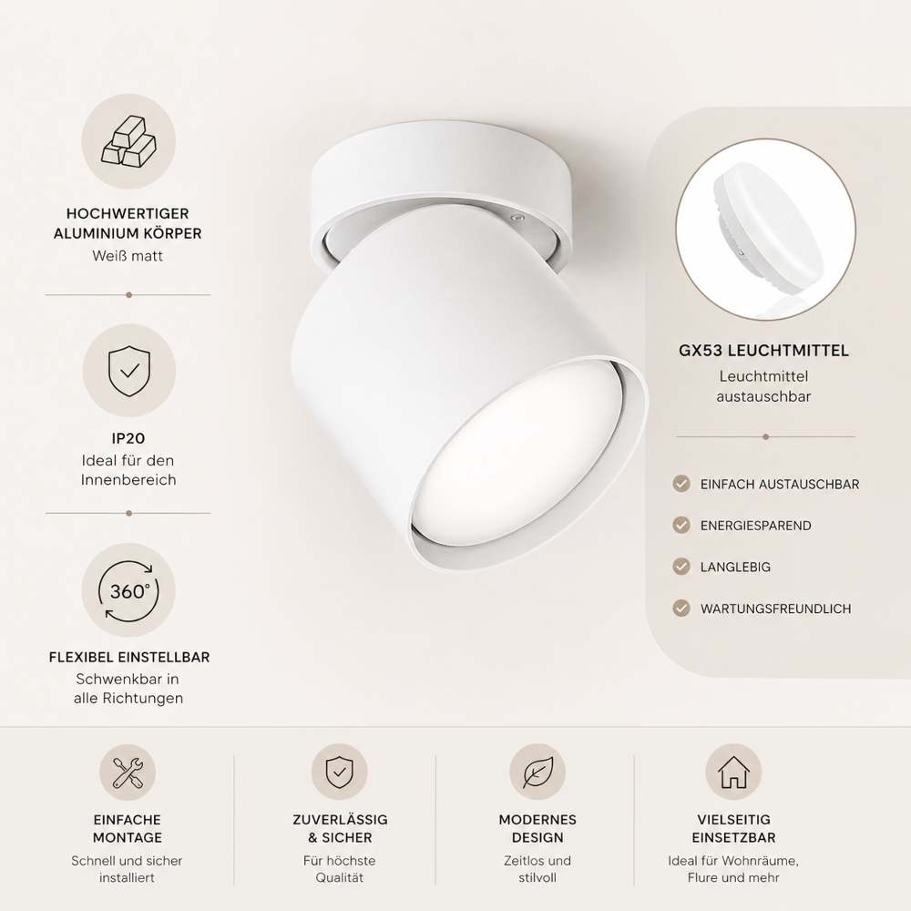 LED Aufbaustrahler 360° schwenkbar – GX53 – Dimmbar – CCT 3000K/4000K/6000K – 6W 520lm – Schwarz oder Weiß
