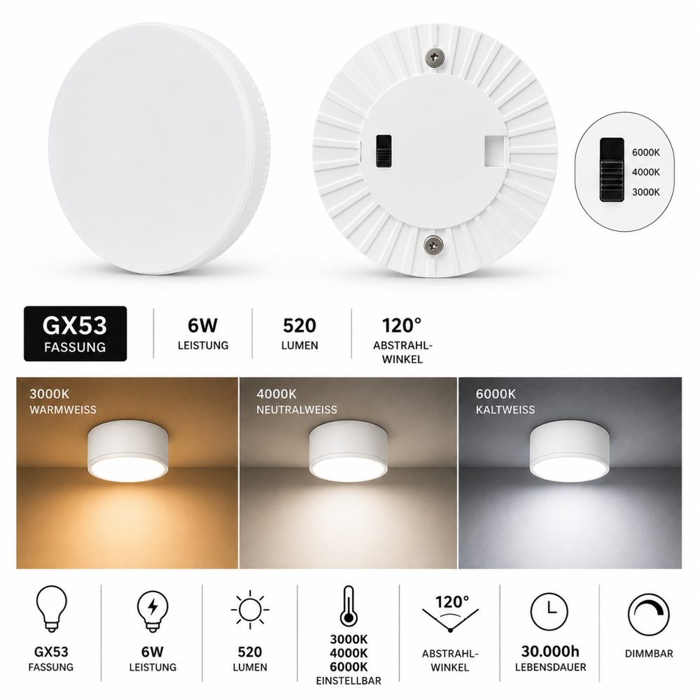 GX53 LED Aufbauspot Weiß | Schwenkbare Deckenleuchte | 3 Lichtfarben | Dimmbar | Moderner Deckenstrahler