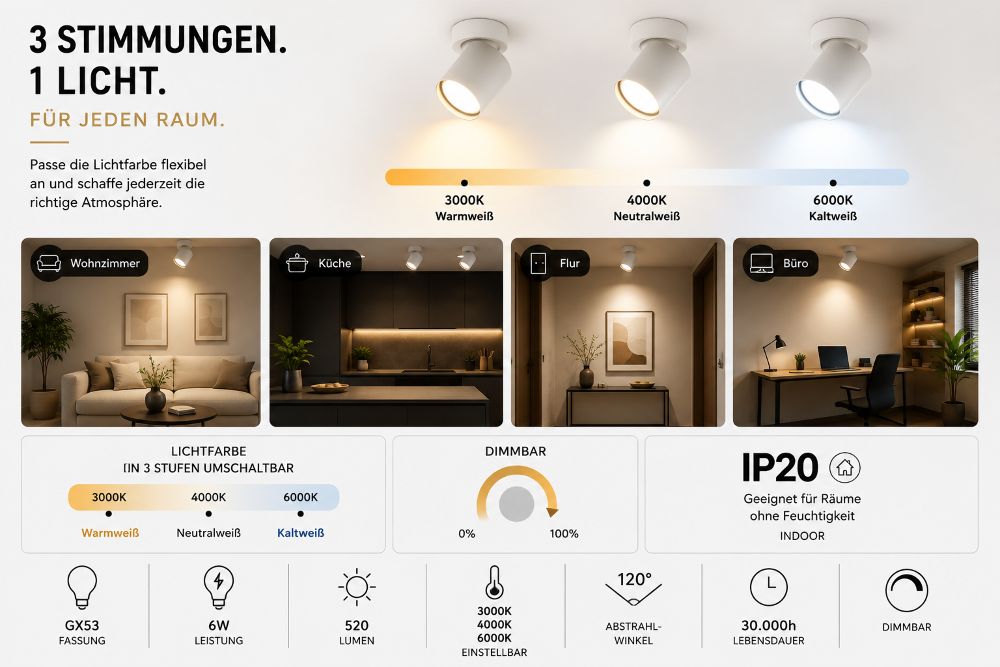 GX53 LED Aufbauspot Weiß | Schwenkbare Deckenleuchte | 3 Lichtfarben | Dimmbar | Moderner Deckenstrahler