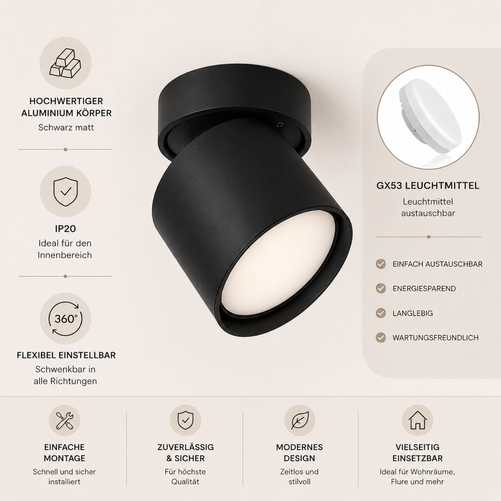 LED Aufbaustrahler 360° schwenkbar – GX53 – Dimmbar – CCT 3000K/4000K/6000K – 6W 520lm – Schwarz oder Weiß