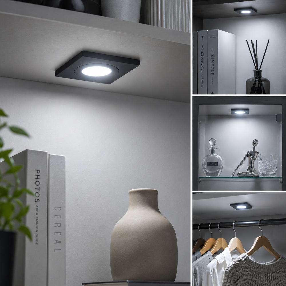 Mini LED Einbaustrahler eckig Schwarz 230V IP44 – 3W LED Modul – Milchglas Linse – Dimmbar – Einbaumaß Ø43 mm
