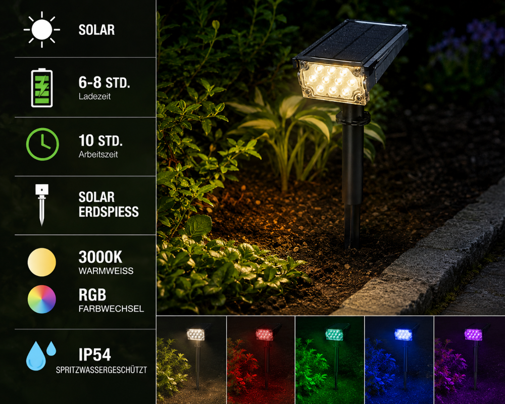 Solar LED Spot für Garten | Erdspieß | 3000K & RGB | IP54