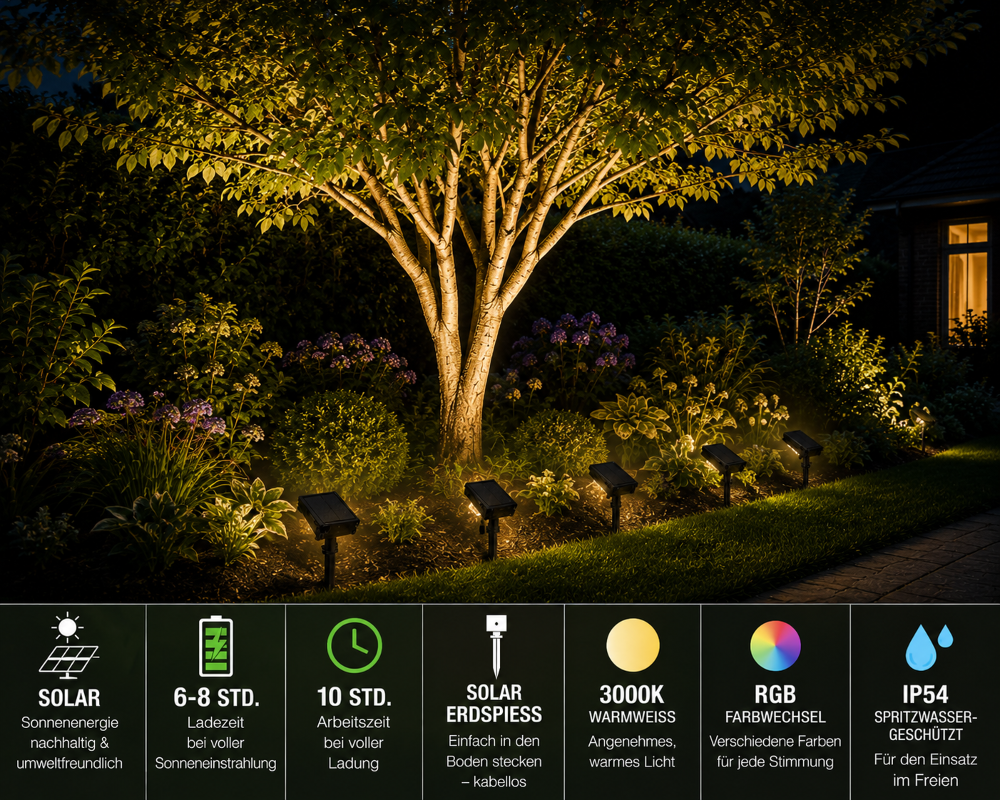 Solar LED Spot für Garten | Erdspieß | 3000K & RGB | IP54
