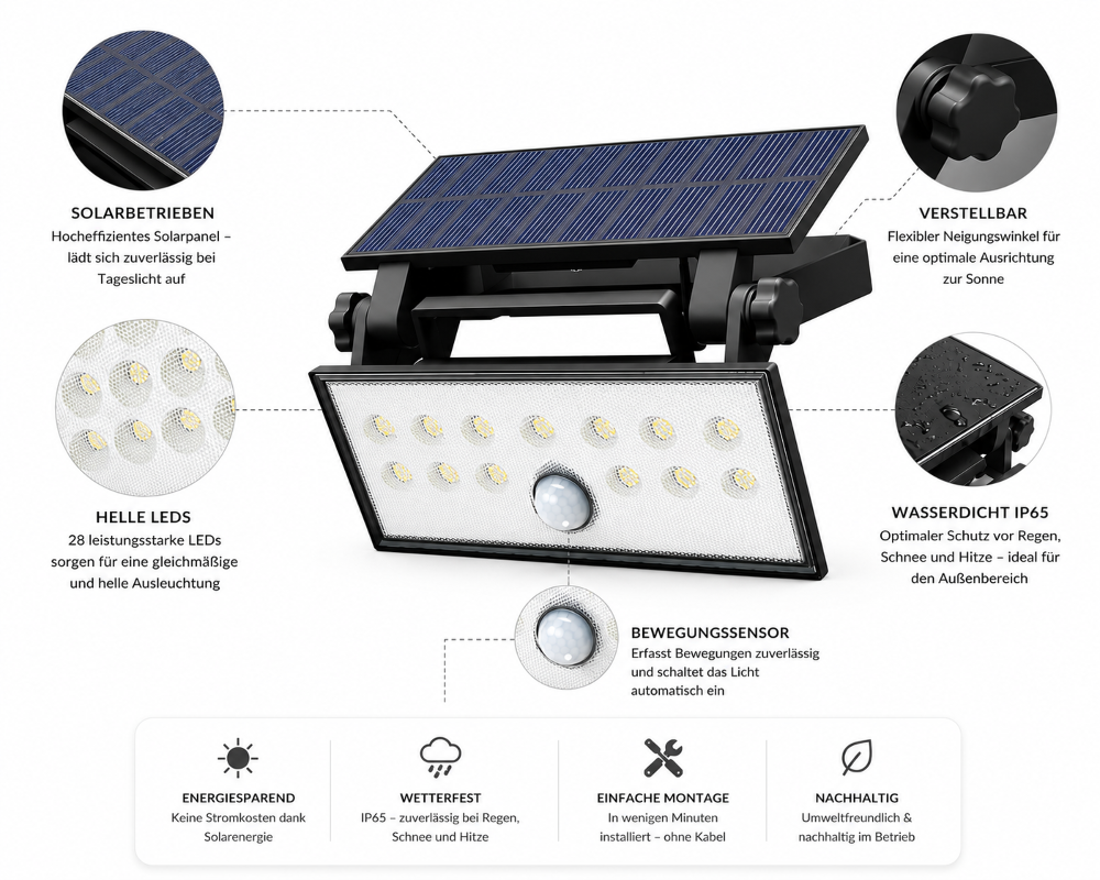 Solar LED Wandleuchte mit Bewegungsmelder – 685 lm | 3000K Warmweiß | IP65 | 6W | Schwarz