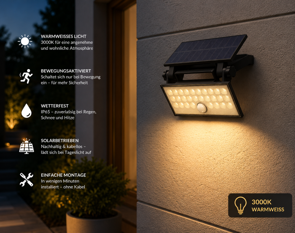 Solar LED Wandleuchte mit Bewegungsmelder – 685 lm | 3000K Warmweiß | IP65 | 6W | Schwarz