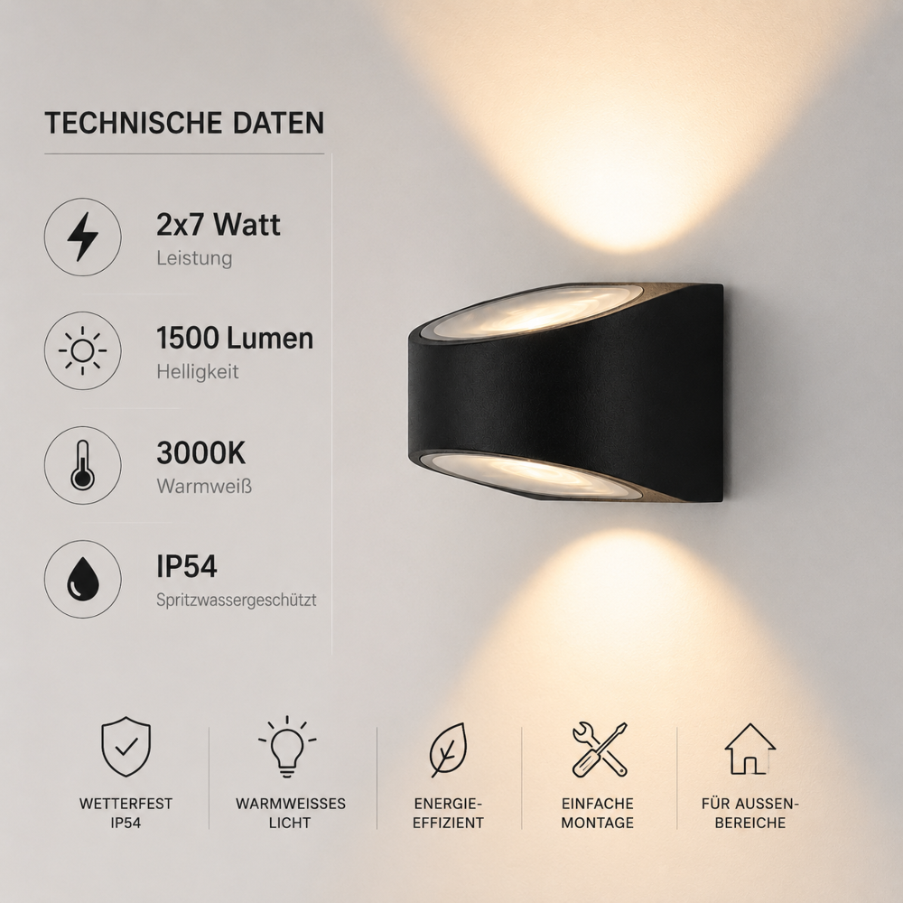 Nexa LED Wandleuchte Außen 14W (2x7W) | 1500 Lumen | 3000K Warmweiß | IP54 | Aluminium | Up & Down Wandlampe