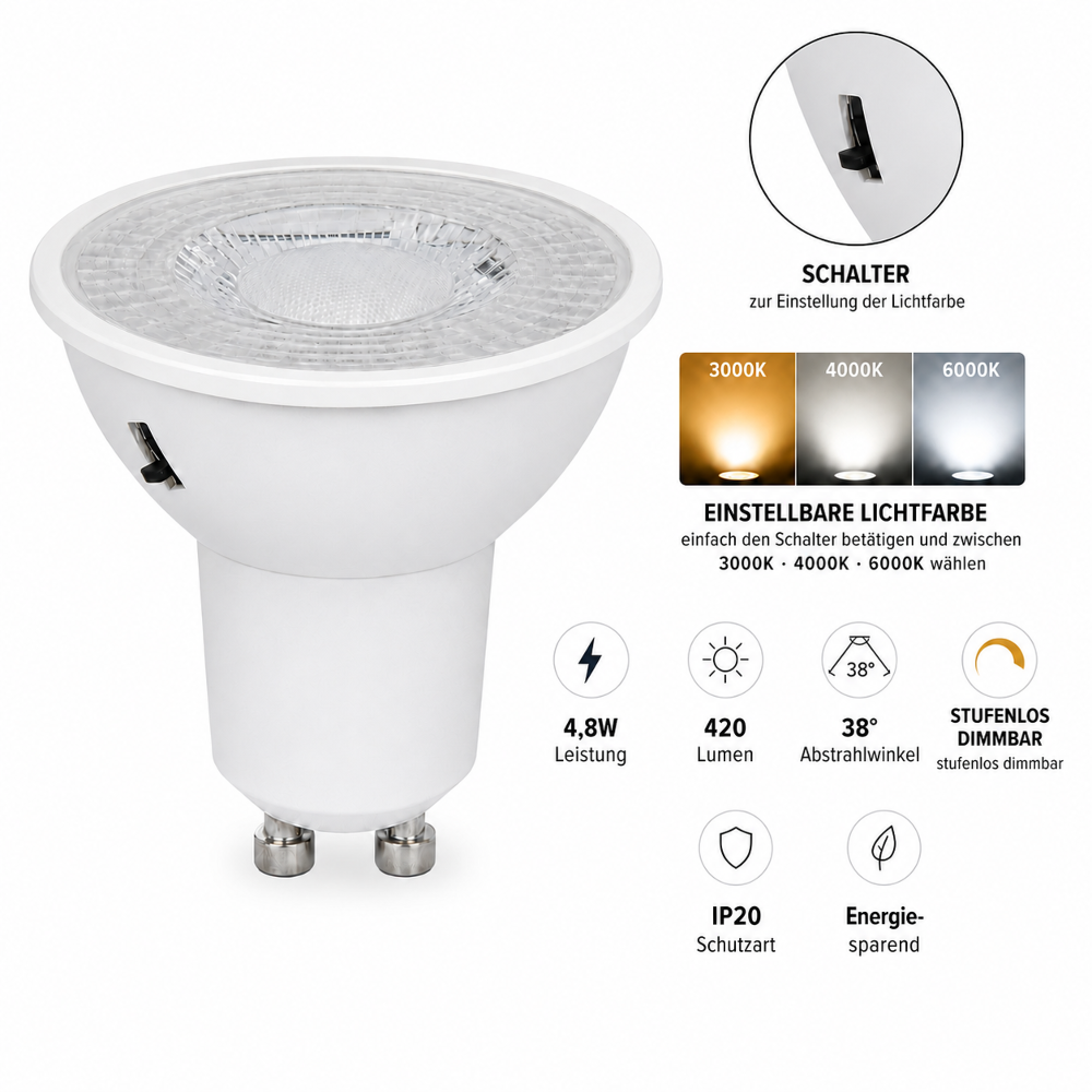 GU10 LED Leuchtmittel 4,8W Dimmbar – CCT 3000K/4000K/6000K – 420 Lumen – 38° Abstrahlwinkel – IP20