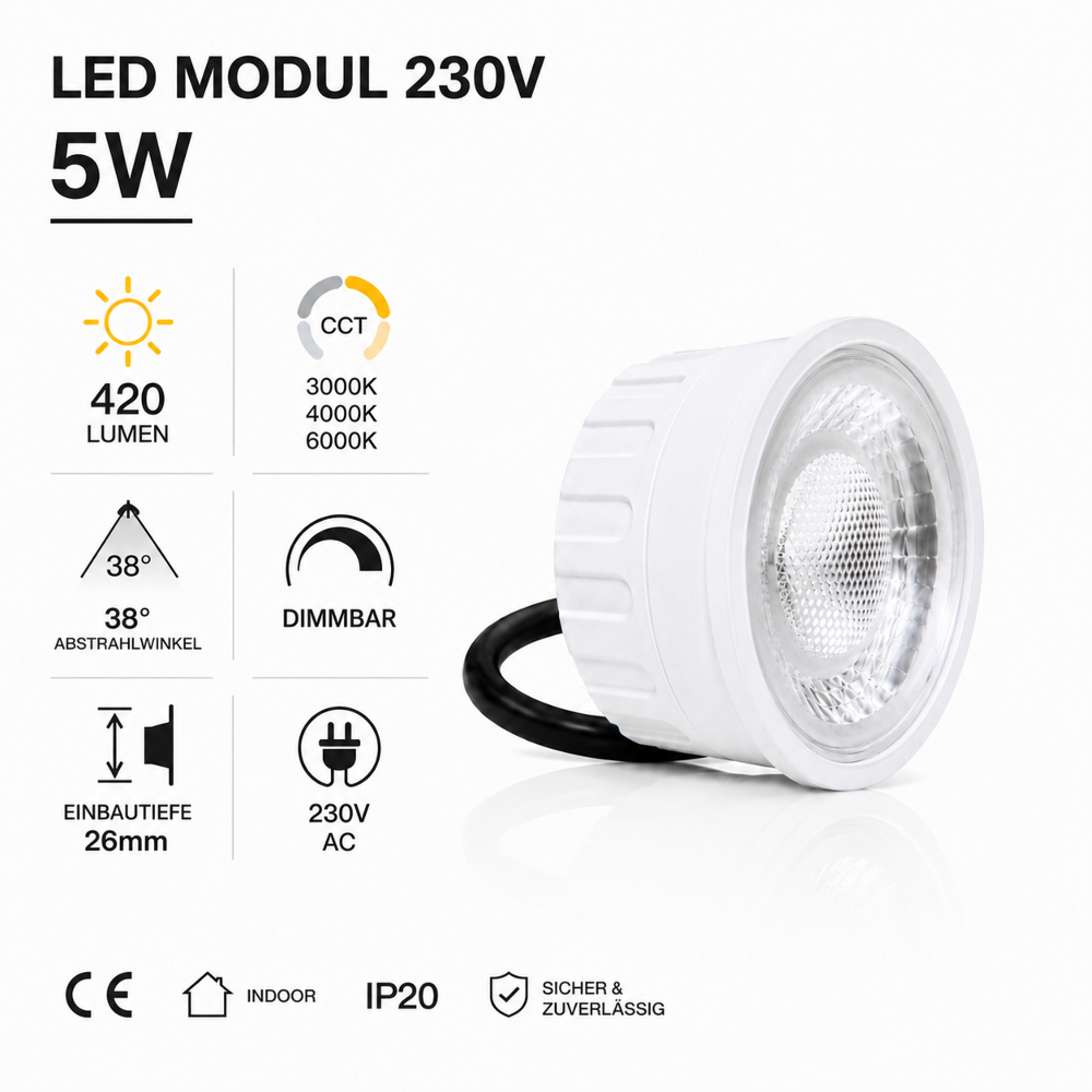 LED Modul 5W 230V CCT Dimmbar Ø50mm | 420 Lumen | 3000K–4000K–6000K | 38° Abstrahlwinkel mit Linse