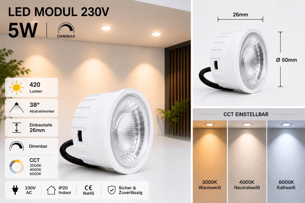 LED Modul 5W 230V CCT Dimmbar Ø50mm | 420 Lumen | 3000K–4000K–6000K | 38° Abstrahlwinkel mit Linse