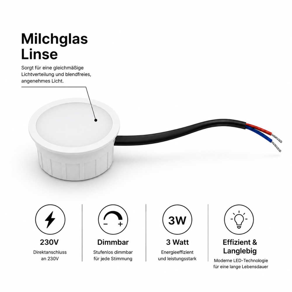 Mini LED Einbaustrahler 230V 3W IP44 Ø45 mm Einbaumaß Ø55 mm eisengebürstet Warmweiß/Kaltweiß