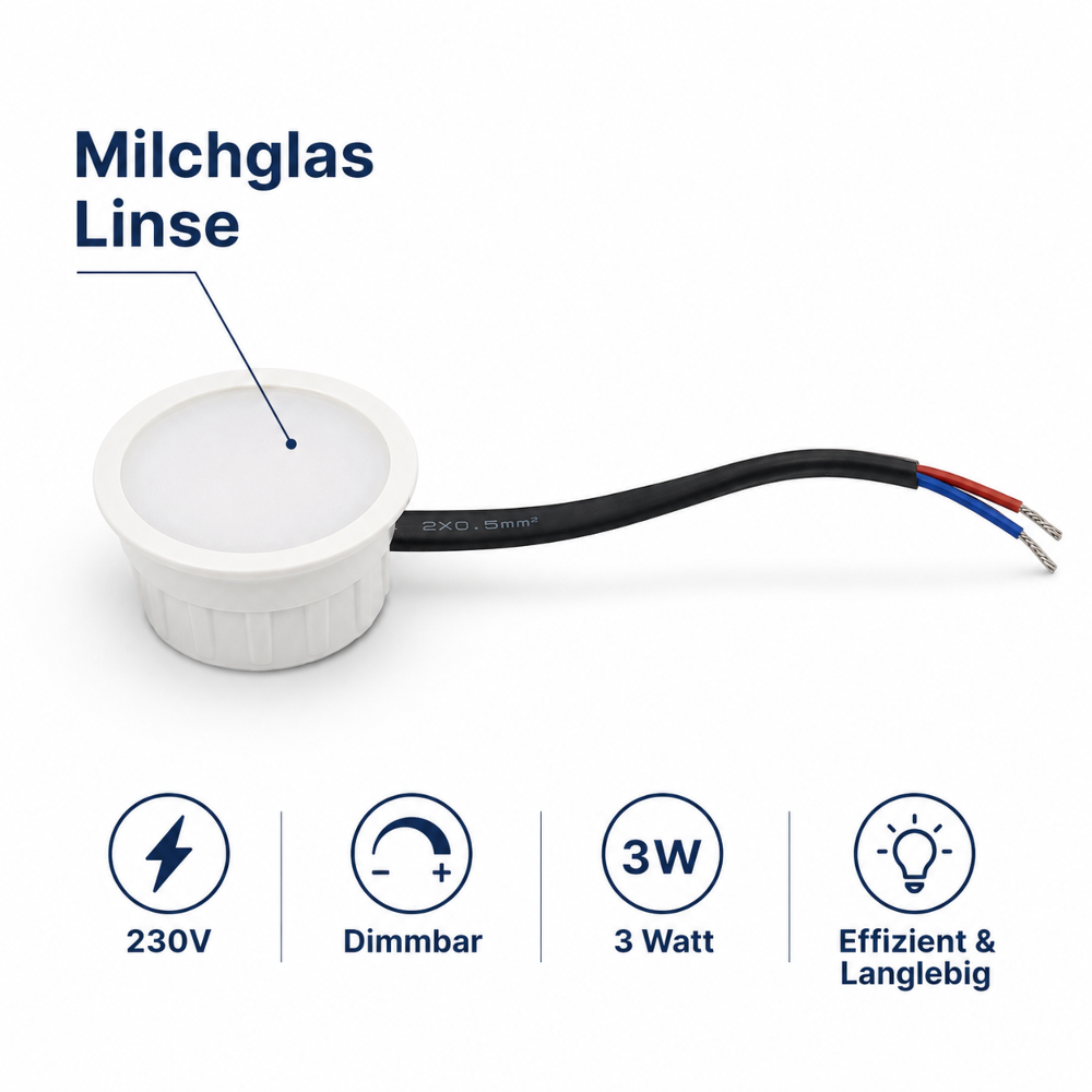 Mini LED Einbaustrahler eckig Schwarz 230V IP44 – 3W LED Modul – Milchglas Linse – Dimmbar – Einbaumaß Ø43 mm