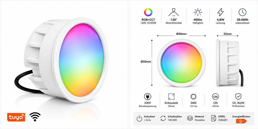 Smart LED Modul RGB+CCT 4,8W WLAN Tuya – 230V – Ø50mm – Dimmbar – 16 Mio. Farben – Warmweiß bis Kaltweiß