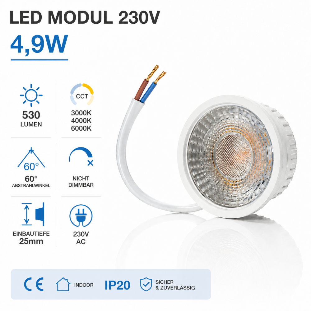 LED Modul 230V 4,9W CCT 3000K/4000K/6000K | 530 Lumen | 60° | IP20