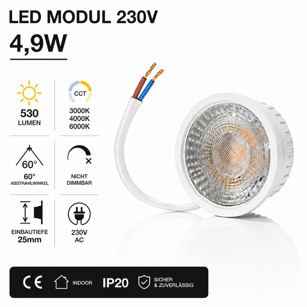 LED Modul 230V 4,9W CCT 3000K/4000K/6000K | 530 Lumen | 60° | IP20