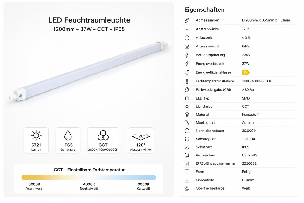 LED Feuchtraumleuchte 120cm 37W 5721 Lumen CCT 3000K-6000K IP65 | LED Wannenleuchte Weiß
