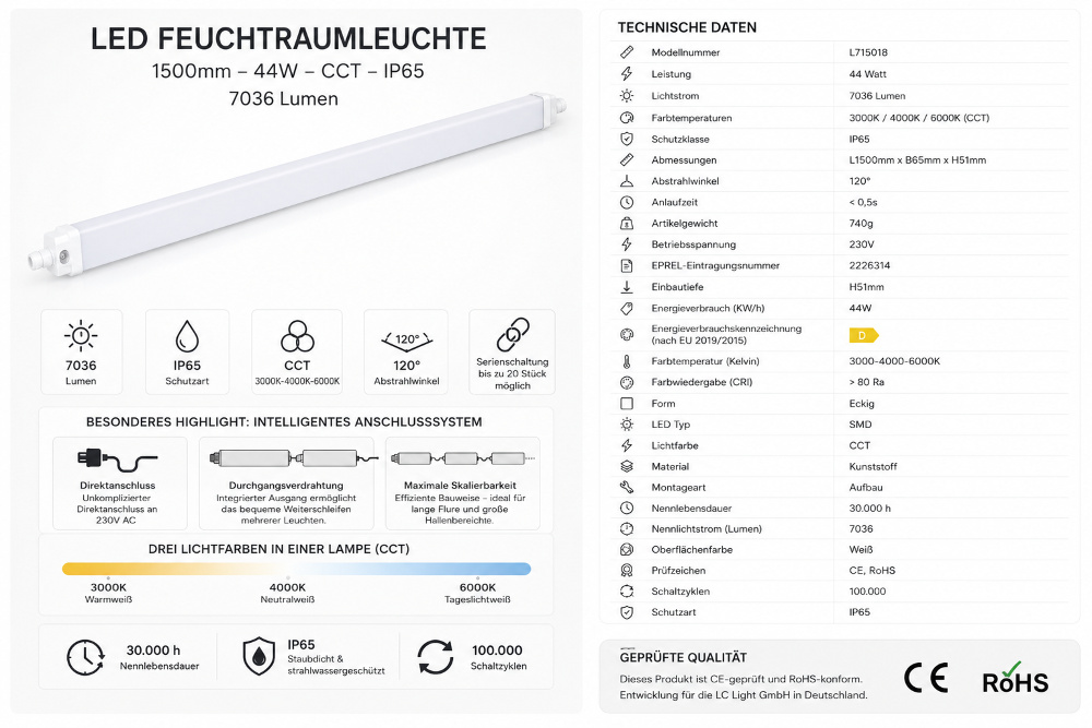 LED Feuchtraumleuchte 150cm 44W 7036 Lumen CCT 3000K-6000K IP65 | LED Wannenleuchte Weiß