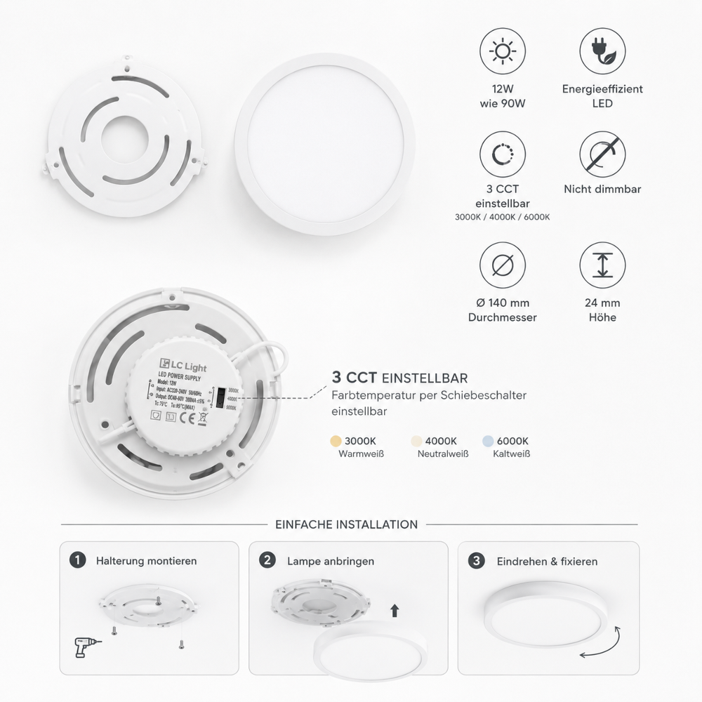 LED Deckenleuchte 12W Ø140mm | 3CCT 3000K/4000K/6000K | 24mm flach | 90W Ersatz | Rund | Weiß | Nicht dimmbar