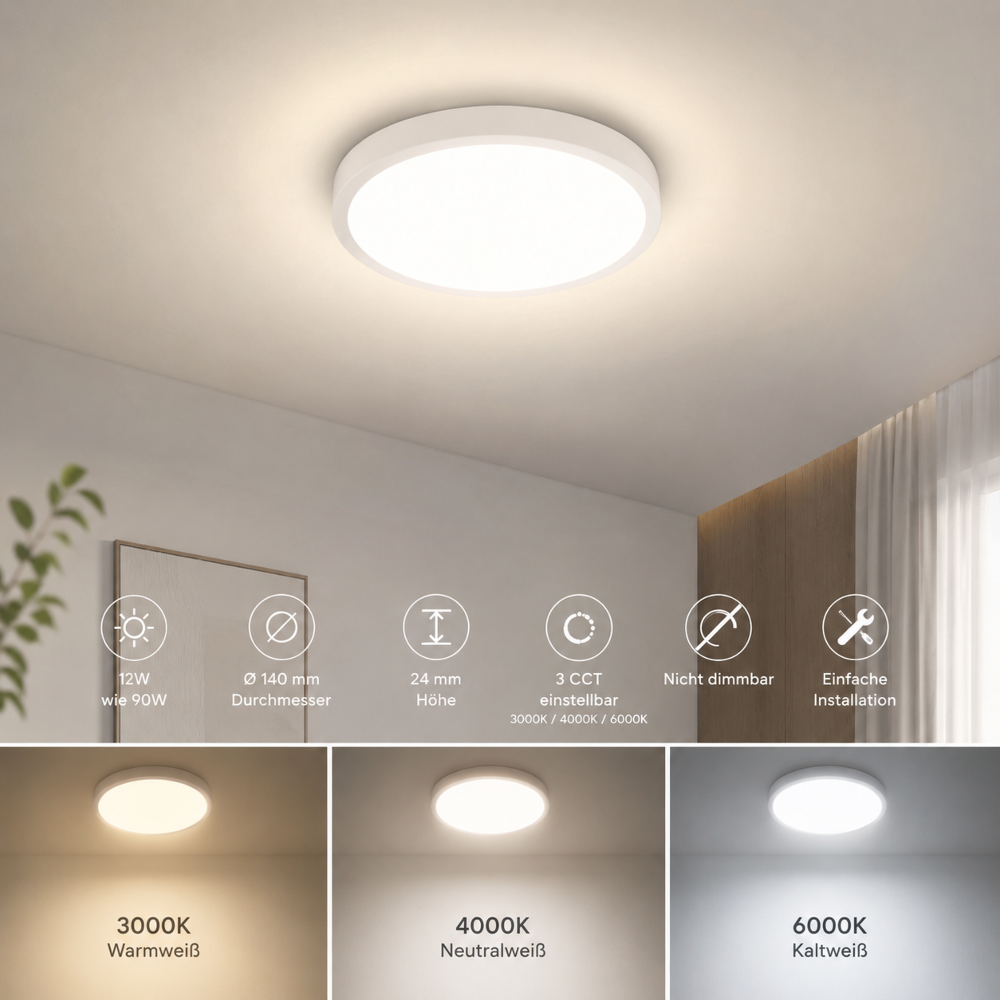 LED Deckenleuchte 12W Ø140mm | 3CCT 3000K/4000K/6000K | 24mm flach | 90W Ersatz | Rund | Weiß | Nicht dimmbar