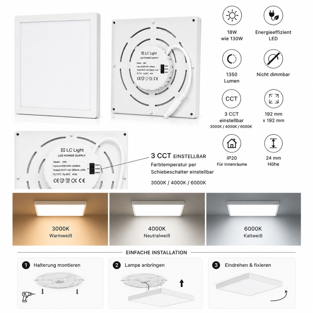 LED Deckenleuchte 18W Ø192mm | 3CCT 3000K/4000K/6000K | 24mm flach | 130W Ersatz | Eckig | Weiß | Nicht dimmbar