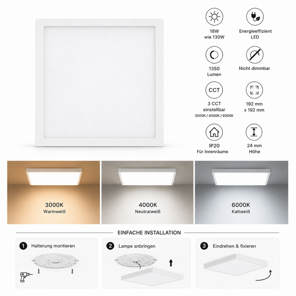LED Deckenleuchte 18W Ø192mm | 3CCT 3000K/4000K/6000K | 24mm flach | 130W Ersatz | Eckig | Weiß | Nicht dimmbar