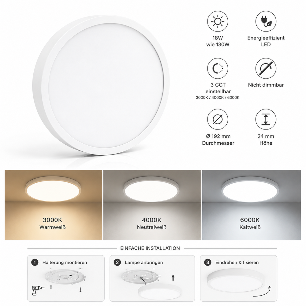 LED Deckenleuchte 18W Ø192mm | 3CCT 3000K/4000K/6000K | 24mm flach | 130W Ersatz | Rund | Weiß | Nicht dimmbar