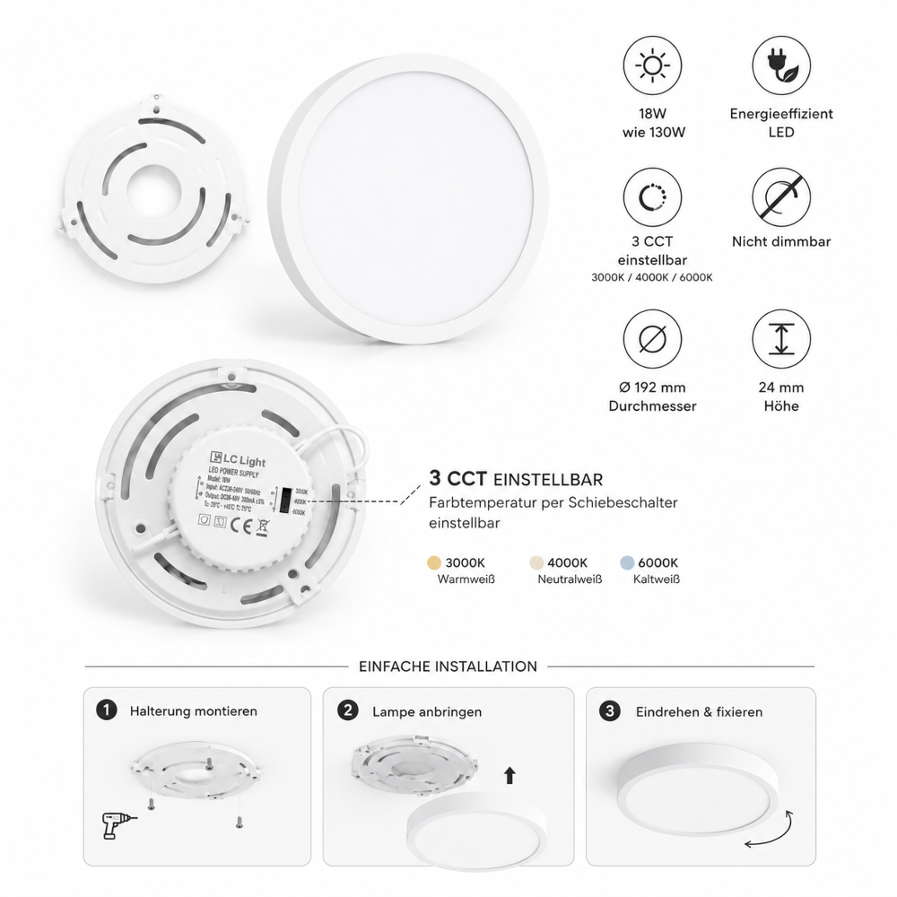 LED Deckenleuchte 18W Ø192mm | 3CCT 3000K/4000K/6000K | 24mm flach | 130W Ersatz | Rund | Weiß | Nicht dimmbar