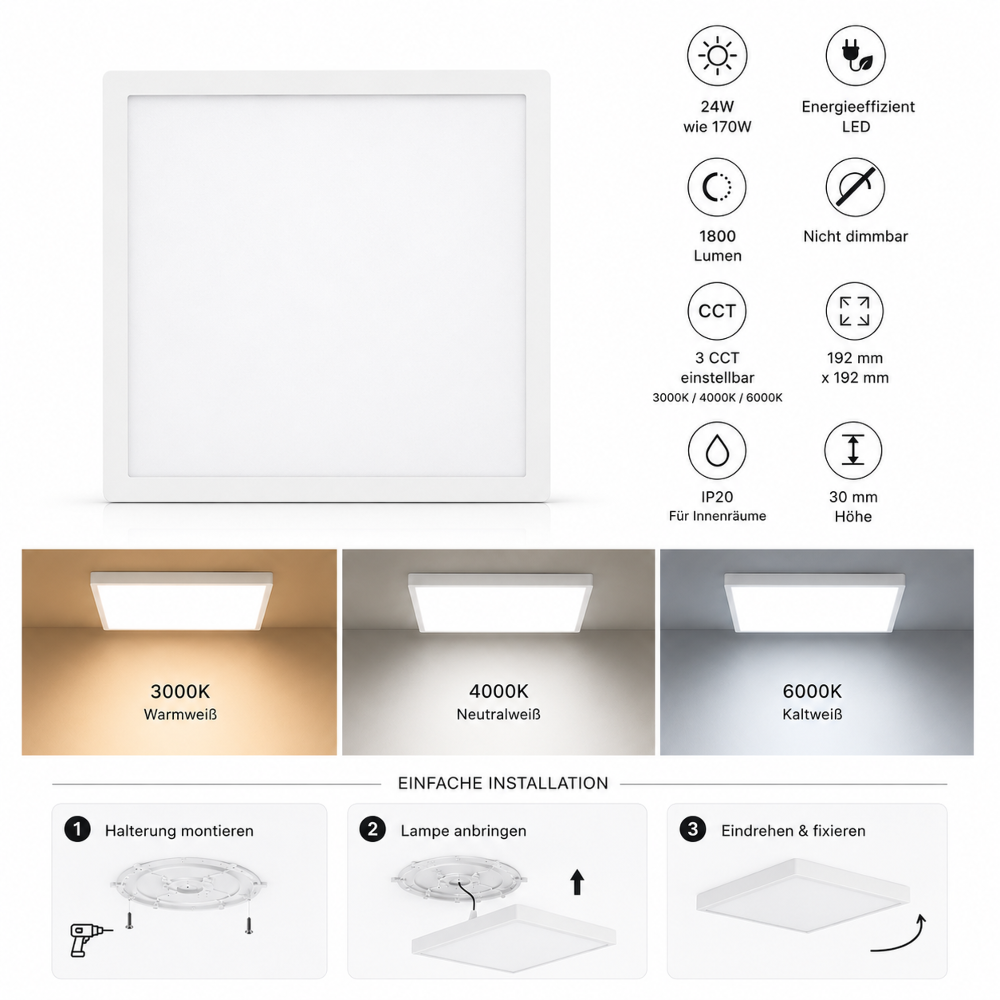 LED Deckenleuchte 24W Ø270mm | 3CCT 3000K/4000K/6000K | 30mm flach | 170W Ersatz | Eckig | Weiß | Nicht dimmbar