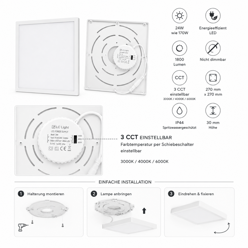 LED Deckenleuchte 24W Ø270mm | 3CCT 3000K/4000K/6000K | 30mm flach | 170W Ersatz | Eckig | Weiß | Nicht dimmbar