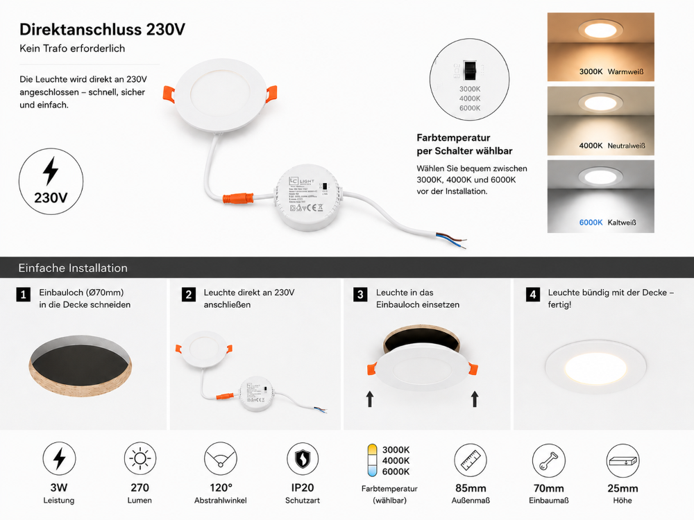 LED Einbaupanel 3W Weiß – 270 Lumen – 230V Direktanschluss – CCT 3000K/4000K/6000K – Ultra Flach