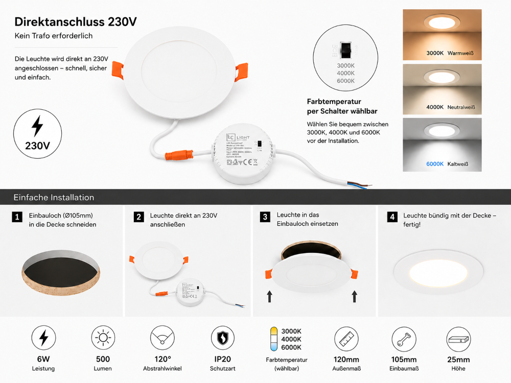 LED Einbaupanel 6W Weiß – 500 Lumen – 230V Direktanschluss – CCT 3000K/4000K/6000K – Ultra Flach