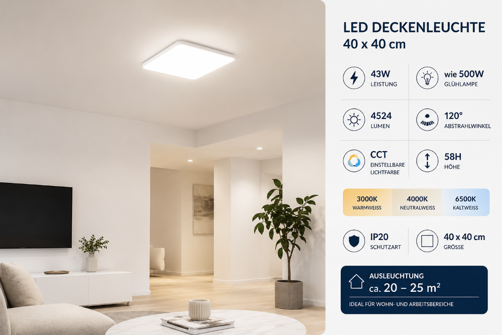 LED Deckenleuchte 40x40 cm 43W – 4524 Lumen – CCT 3000K/4000K/6500K – Flache Deckenlampe IP20