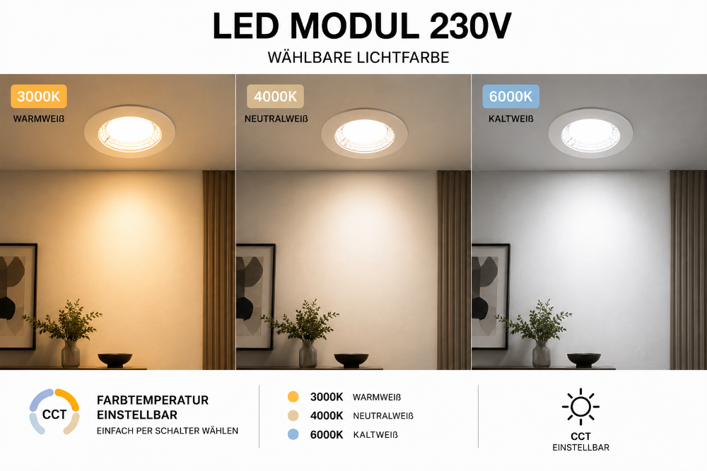 LED Modul 230V 4,9W Dimmbar CCT 3000K/4000K/6000K | 520 Lumen | 60° | IP20