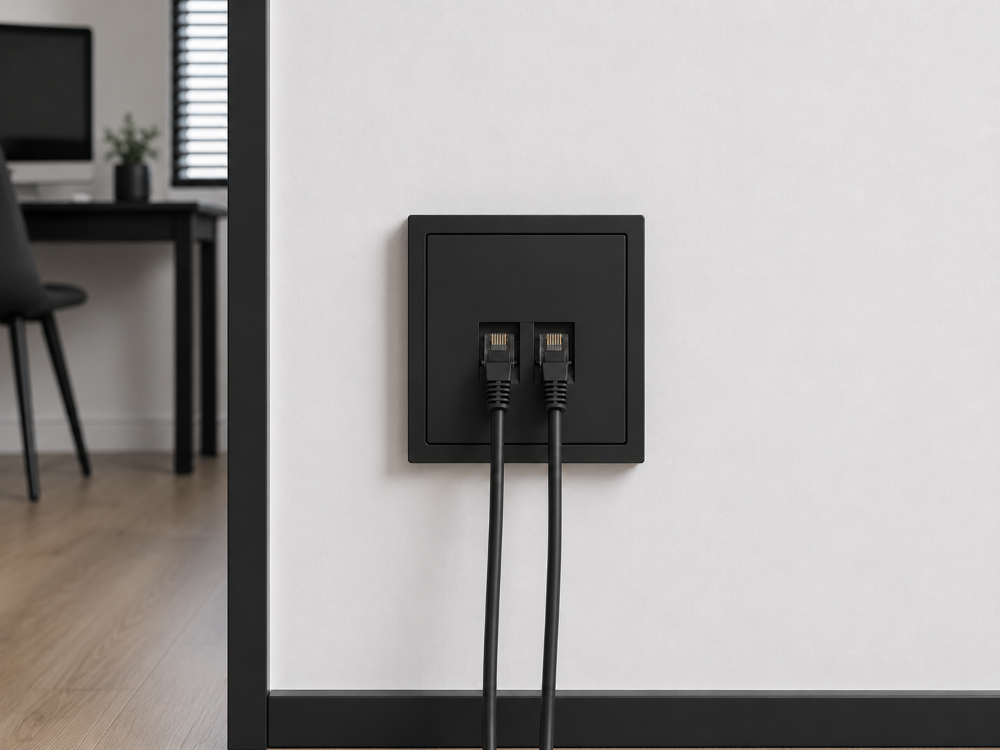 Netzwerkdose Schwarz Matt | 2-fach RJ45 LAN Netzwerkanschluss Unterputz mit Rahmen | Ethernet Datendose