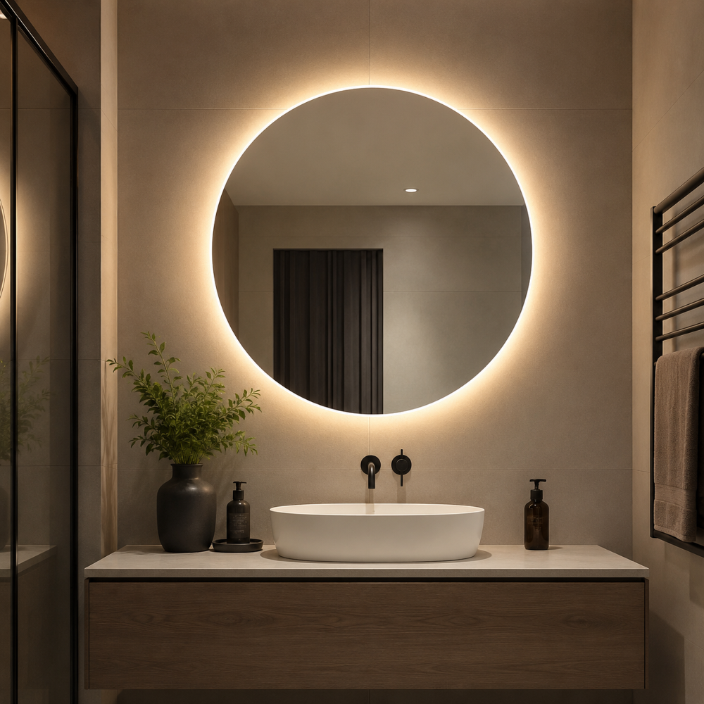 LED Badspiegel Rund 60 cm mit LED Hintergrundbeleuchtung – CCT 3000K–6000K – Dimmbar per Touch – Badezimmer Spiegel Ø600 mm