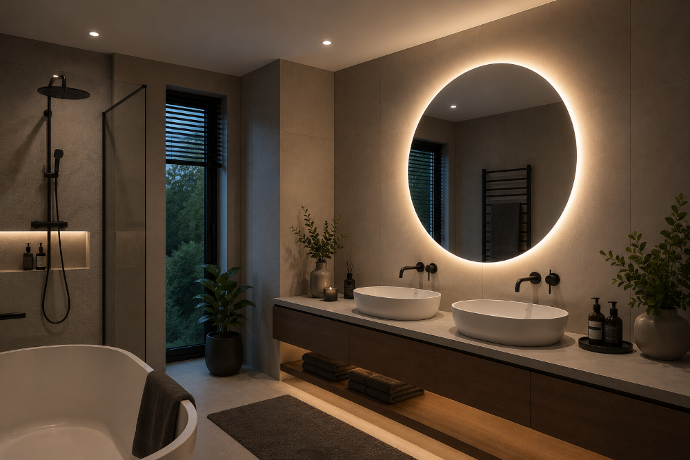 LED Badspiegel Rund 100 cm mit LED Hintergrundbeleuchtung – CCT 3000K–6000K – Dimmbar per Touch – Badezimmer Spiegel Ø1000 mm