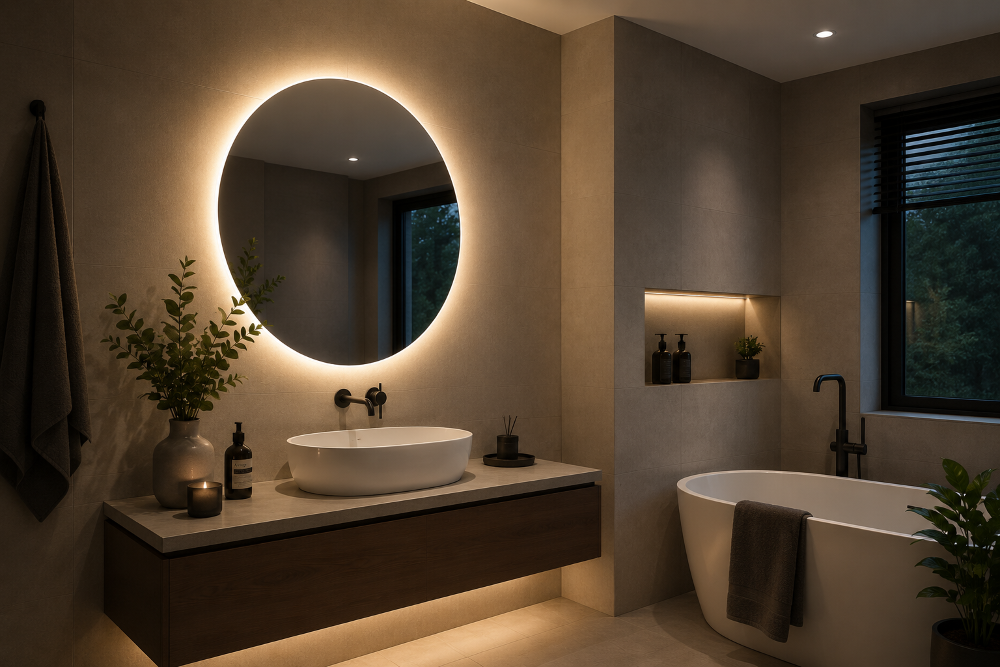 LED Badspiegel Rund 60 cm mit LED Hintergrundbeleuchtung – CCT 3000K–6000K – Dimmbar per Touch – Badezimmer Spiegel Ø600 mm