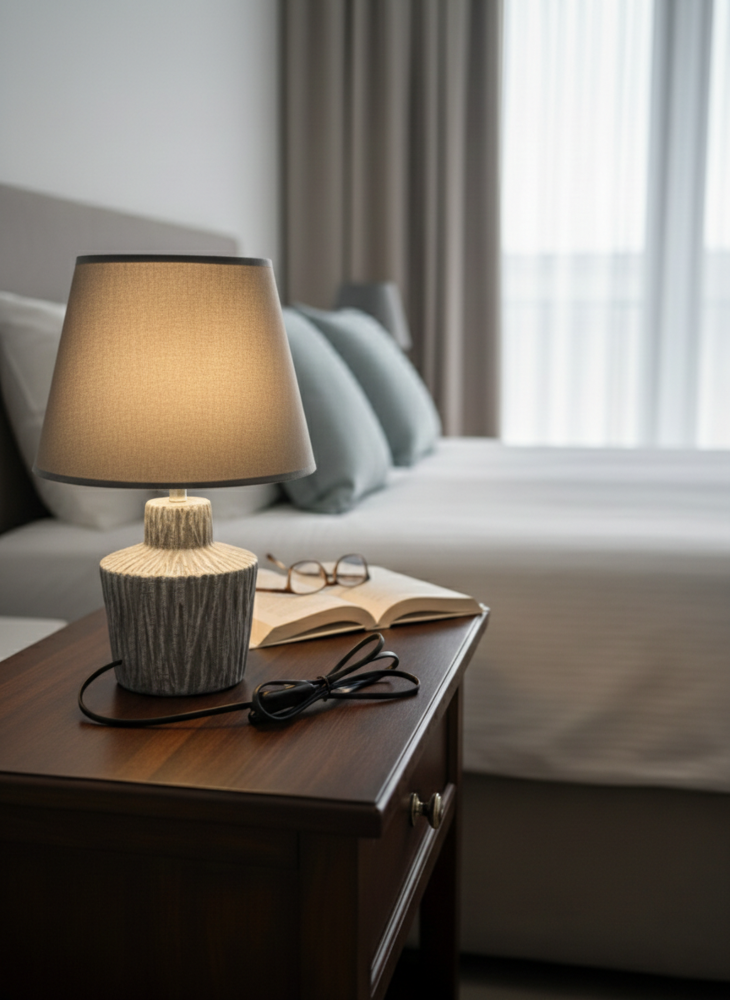 Nachttischlampe Grau – Moderne E27 Tischleuchte mit Stoffschirm