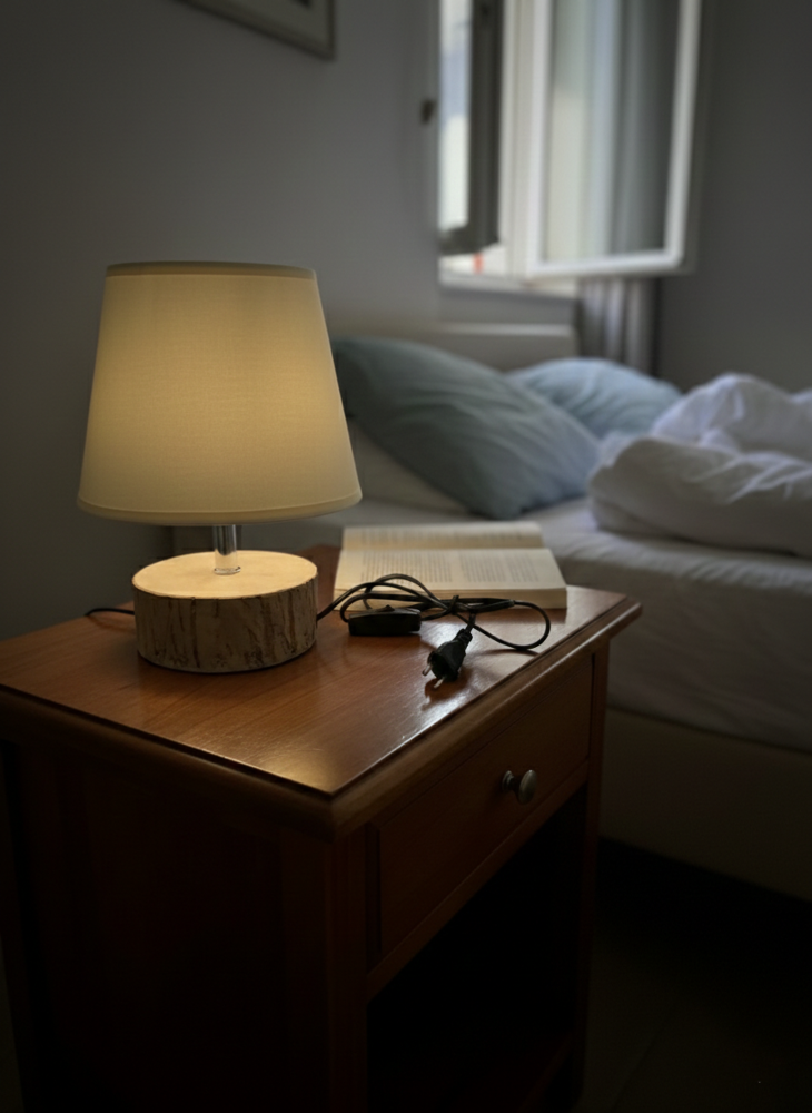 Nachttischlampe Holz – E27 Tischleuchte mit Stoffschirm