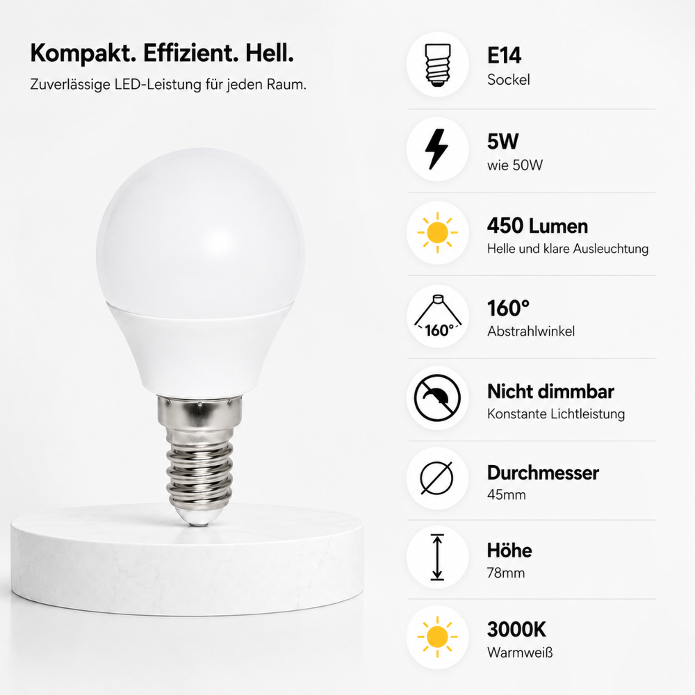 E14 LED Lampe 5W (50W Ersatz) 3000K Warmweiß – 450 Lumen – 160° Abstrahlwinkel – Nicht dimmbar – LED Leuchtmittel