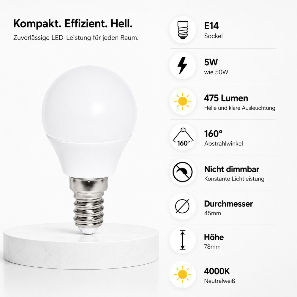 E14 LED Lampe 5W (50W Ersatz) 4000K Neutralweiß – 475 Lumen – 160° Abstrahlwinkel – Nicht dimmbar – LED Leuchtmittel