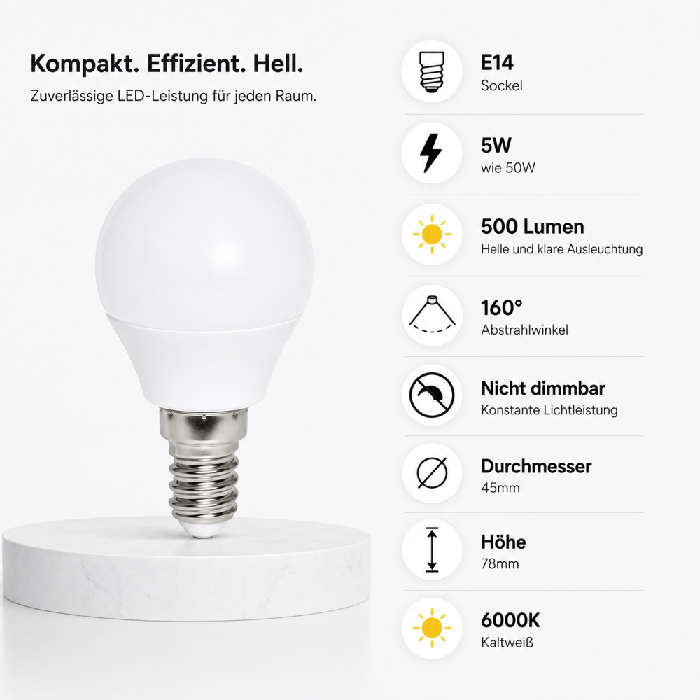 E14 LED Lampe 5W (50W Ersatz) 6000K Kaltweiß – 500 Lumen – 160° Abstrahlwinkel – Nicht dimmbar – LED Leuchtmittel