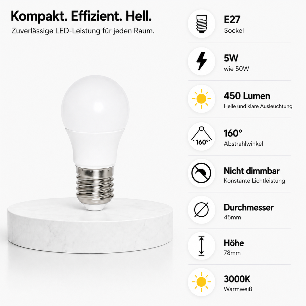 E27 LED Lampe 5W (50W Ersatz) 3000K Warmweiß – 450 Lumen – 160° Abstrahlwinkel – Nicht dimmbar – LED Leuchtmittel