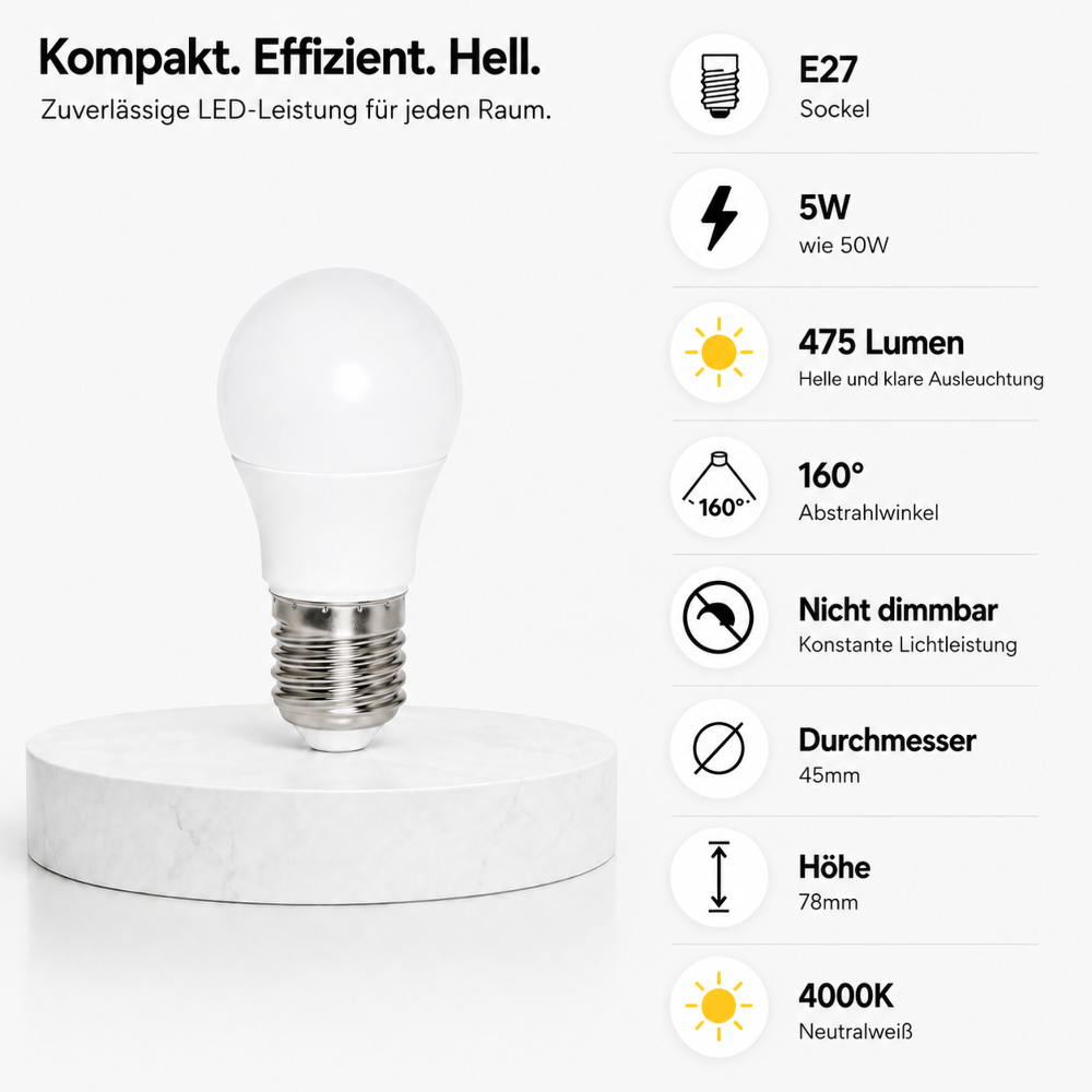 E27 LED Lampe 5W (50W Ersatz) 4000K Neutralweiß – 475 Lumen – 160° Abstrahlwinkel – Nicht dimmbar – LED Leuchtmittel