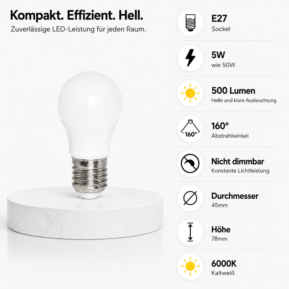 E27 LED Lampe 5W (50W Ersatz) 6000K Kaltweiß – 500 Lumen – 160° Abstrahlwinkel – Nicht dimmbar – LED Leuchtmittel