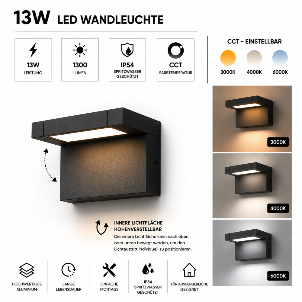 LED Wandleuchte Zeno 13W 1300 Lumen IP54 CCT Aluminium Außenwandleuchte Anthrazit