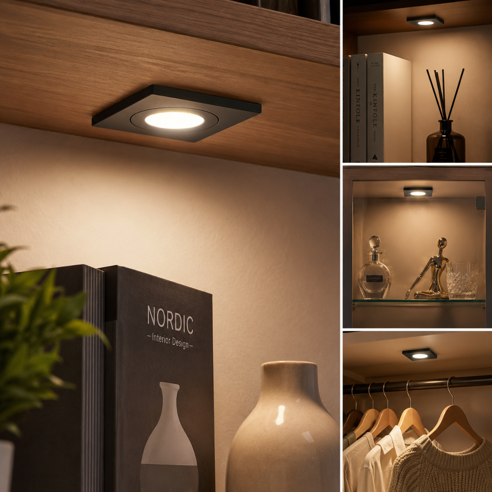 Mini LED Einbaustrahler eckig Schwarz 230V IP44 – 3W LED Modul – Milchglas Linse – Dimmbar – Einbaumaß Ø43 mm